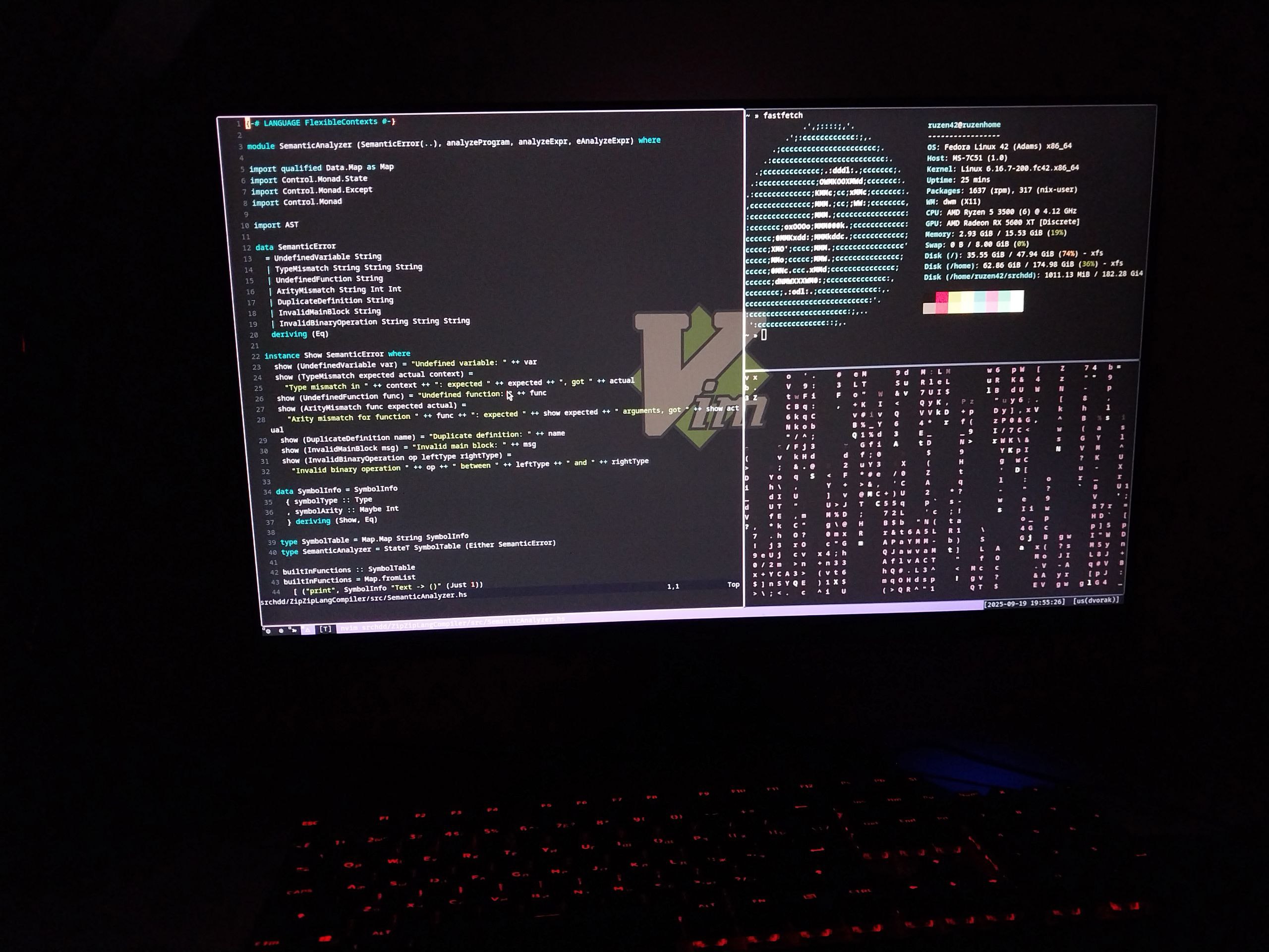 A clean coding workspace with dual monitors showing Haskell code, a mechanical keyboard, and a cup of coffee on a wooden desk
